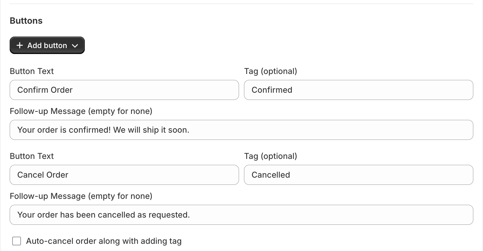 Whapi button configurator | set up Confirm Order and Cancel Order buttons with automatic tags and follow-up messages