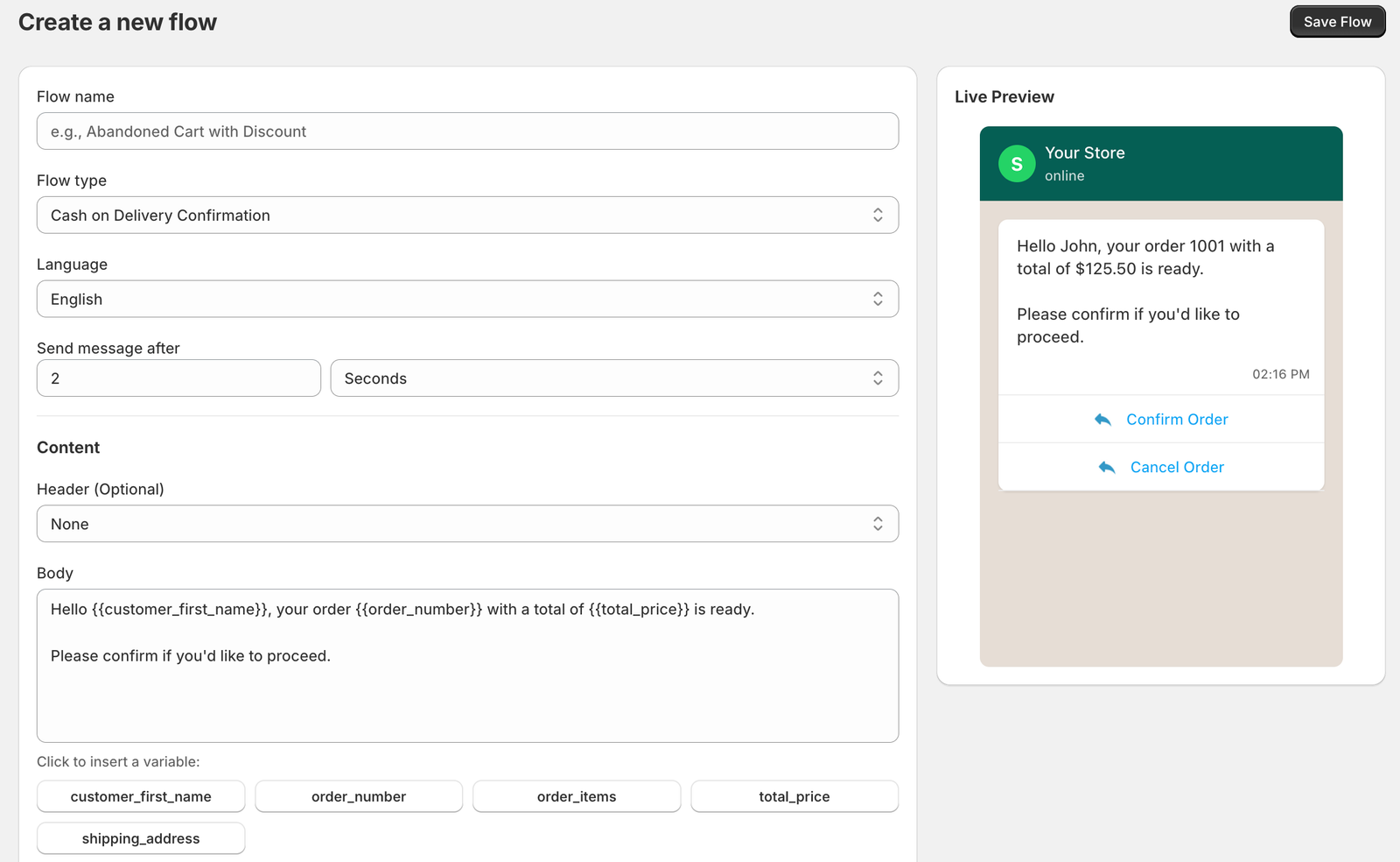 Whapi flow builder | create COD confirmation automation with template editor, dynamic variables, and live WhatsApp preview